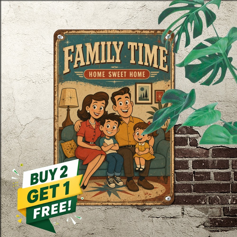 Rustic Family Time Tin Sign Cozy Vintage Home Living Room Metal Wall Art