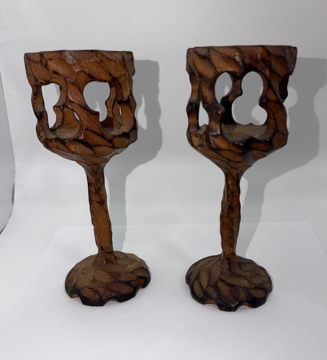 Vintage Hand Carved Wood Reticulated Candle Holders Pair Goblet Chalice Folk Art
