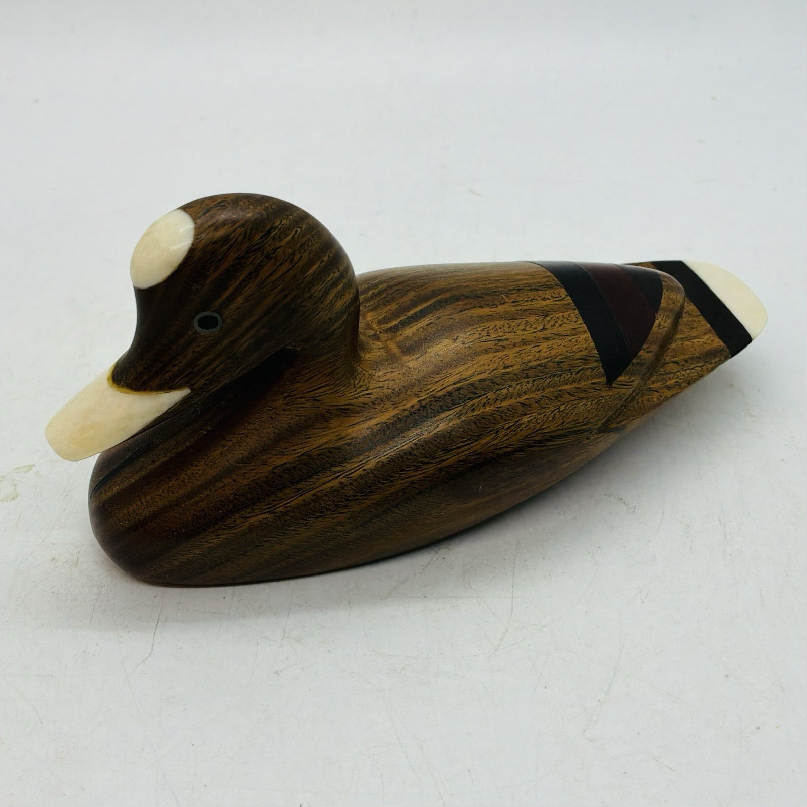 Vintage Wood Carved Duck Sculpture With Marquetry & Other Inlay Detail 5”L x 2”W Vintage Wood Carved Duck Sculpture With Marquetry & Other Inlay Detail 5”L x 2”W