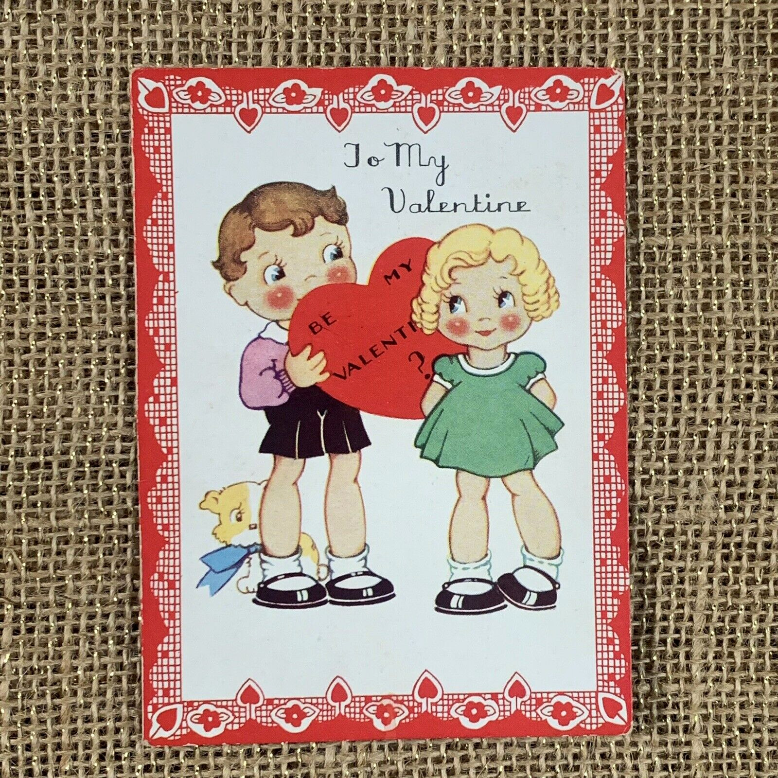 To My Valentine Be My Valentine Boy Girl Puppy Heart Vintage Valentine Card