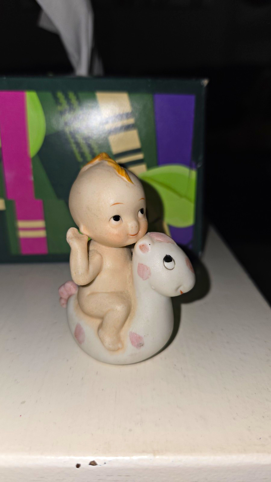Vintage Enesco Kewpie Baby Bisque Figurine Wings On Horse Pool Float
