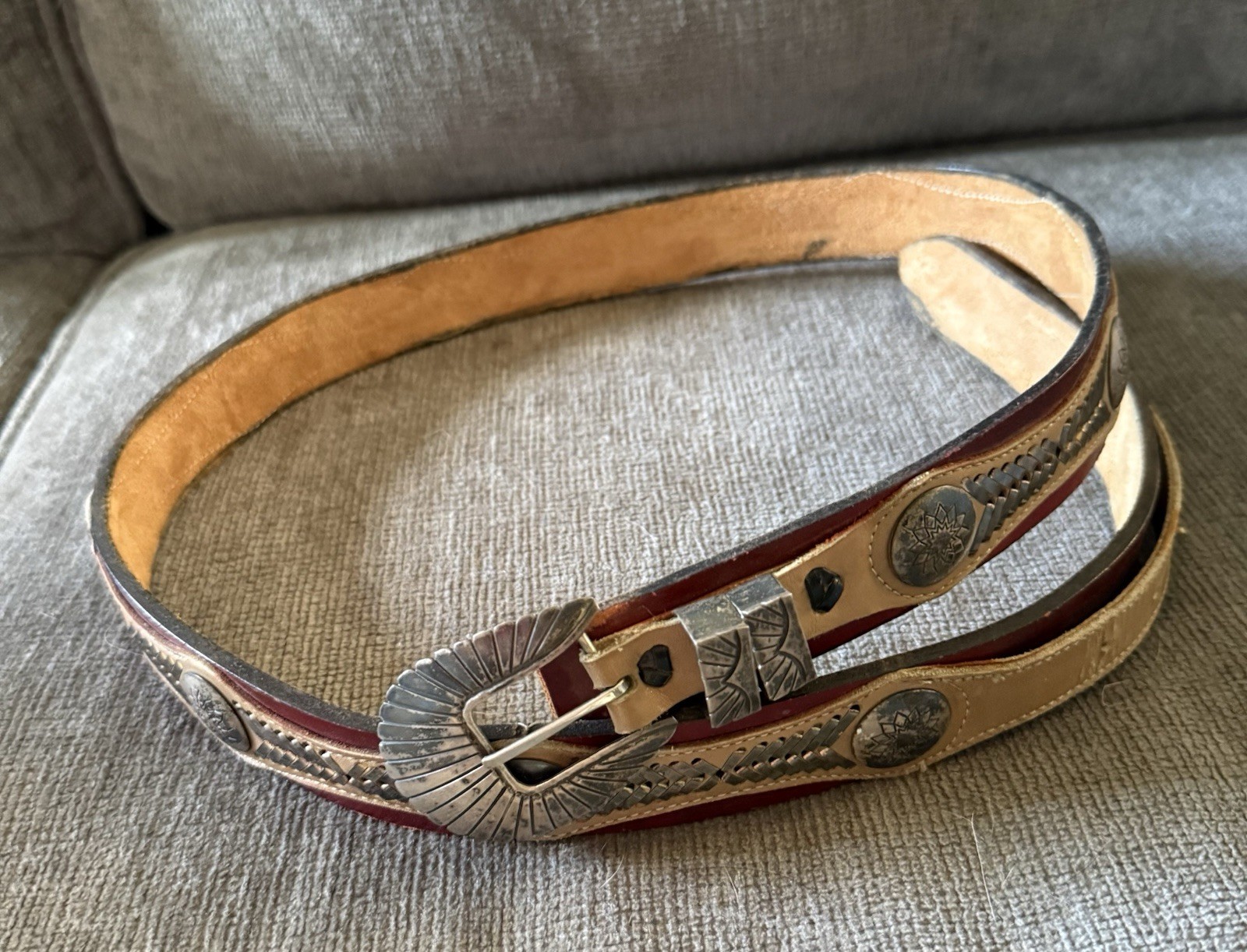 Navajo Frank Armstrong Sterling Silver Concho Ranger Set Leather Belt Sz 36