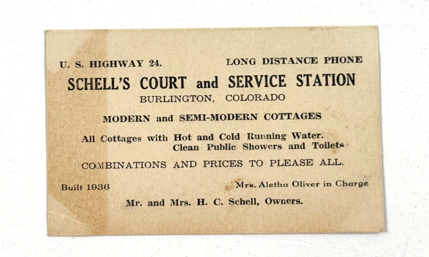 vtg 1930s 40s Schell's Court Service Station Advertising Card Burlington CO vtg 1930s 40s Schell's Court Service Station Advertising Card Burlington CO