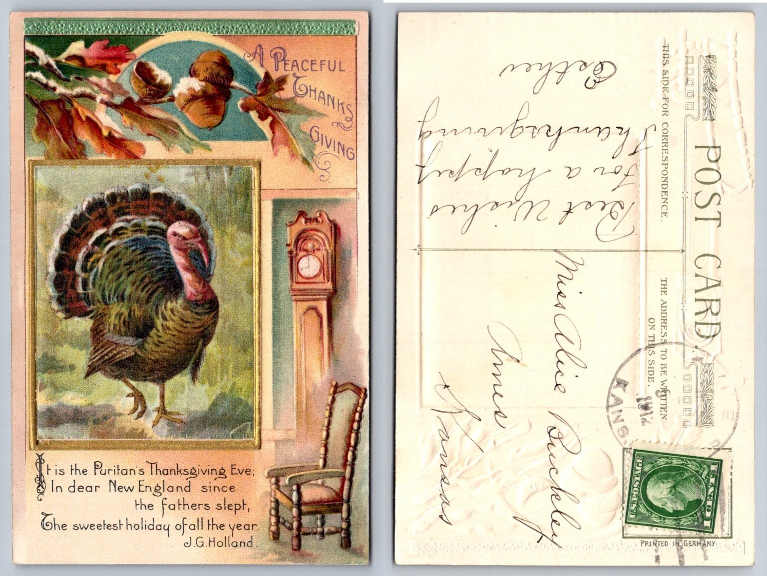1914 Thanksgiving Postcard Turkey Puritan New England Topeka Kansas Embossed 1914 Thanksgiving Postcard Turkey Puritan New England Topeka Kansas Embossed