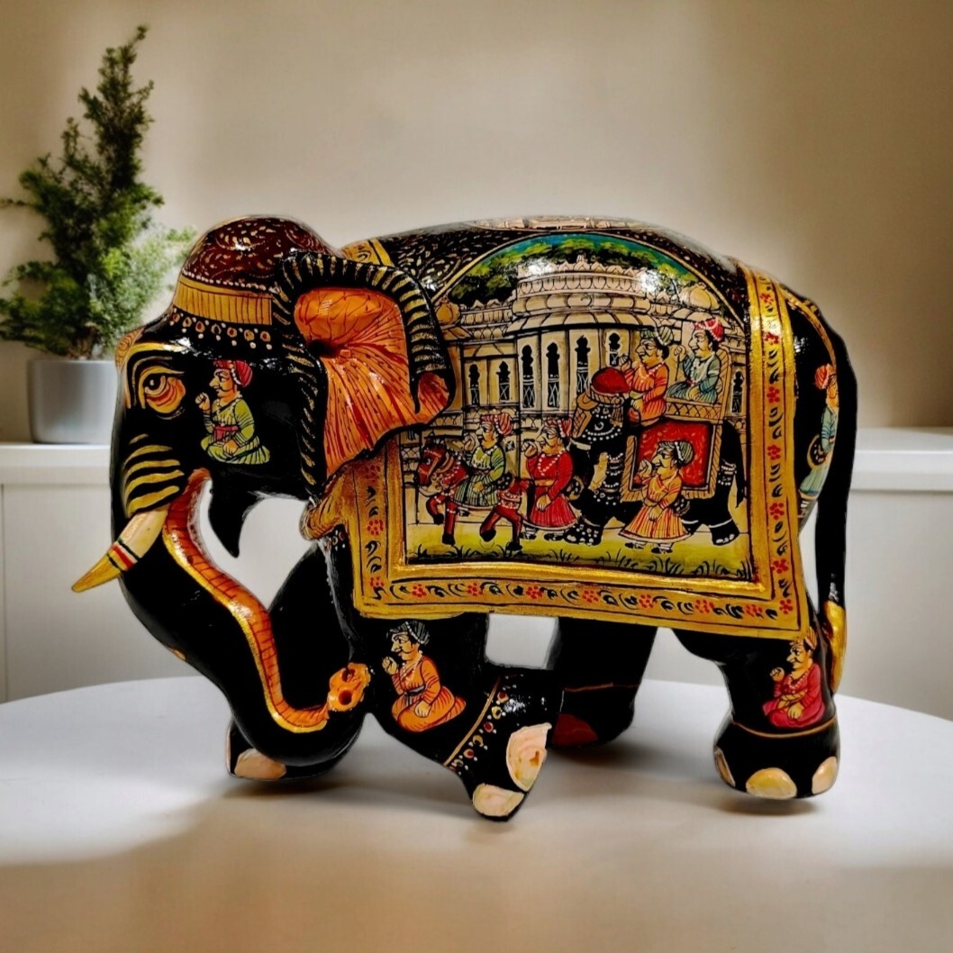Wooden Painted Elephant Statue Decorative Hand Painted Elephant Figure Height 17