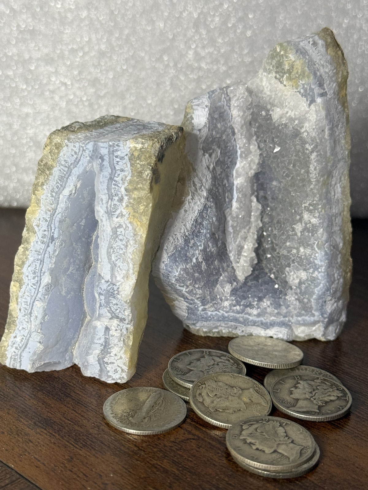 Blue Lace Agate Rough Stones, 2 Piece Lot, Raw Mineral Specimens & 10 90% Dimes