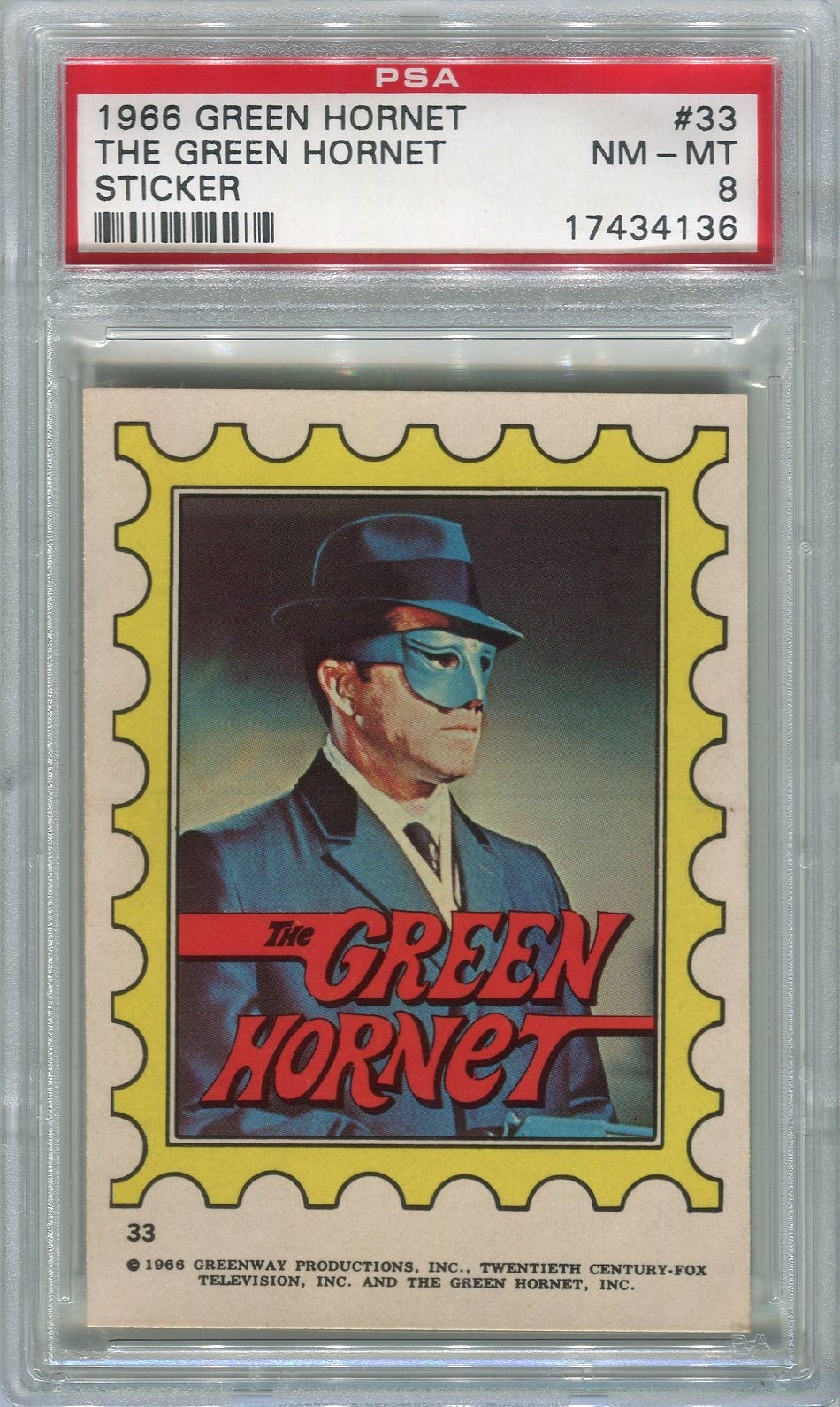 GREEN HORNET 1966 TOPPS The GREEN HORNET STICKER Van Williams #33 PSA 8 NM-MT