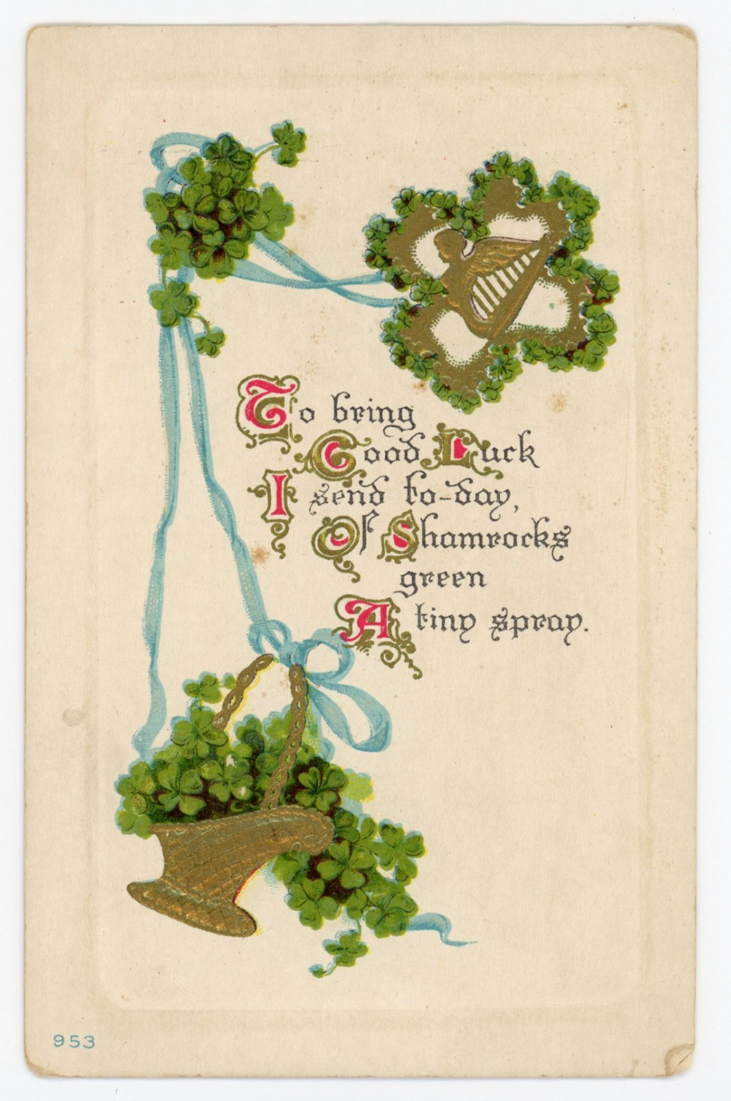 St Patrick’s Antique Postcard Shamrocks Harp Poem Embossed Gold Accents Unused St Patrick’s Antique Postcard Shamrocks Harp Poem Embossed Gold Accents Unused