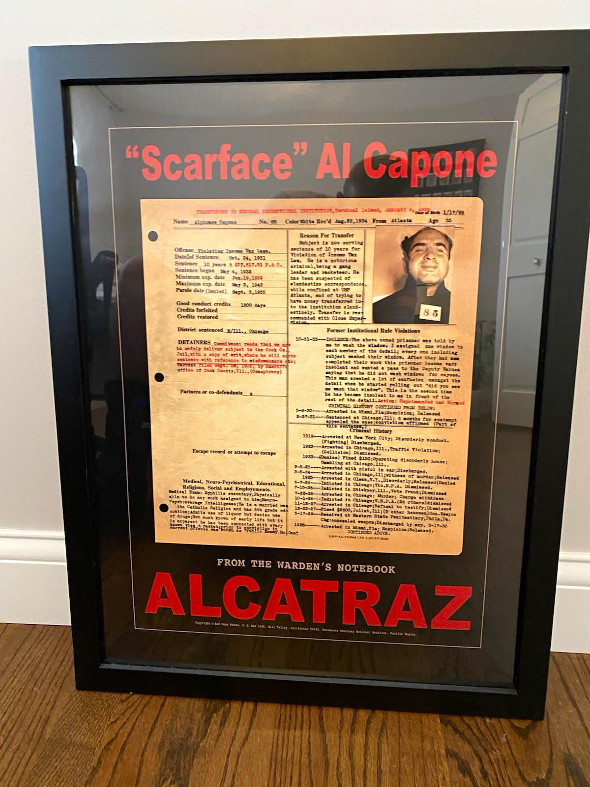 Scarface Al Capone Alcatraz Framed Poster/Display From Warden\'s Notebook 1978