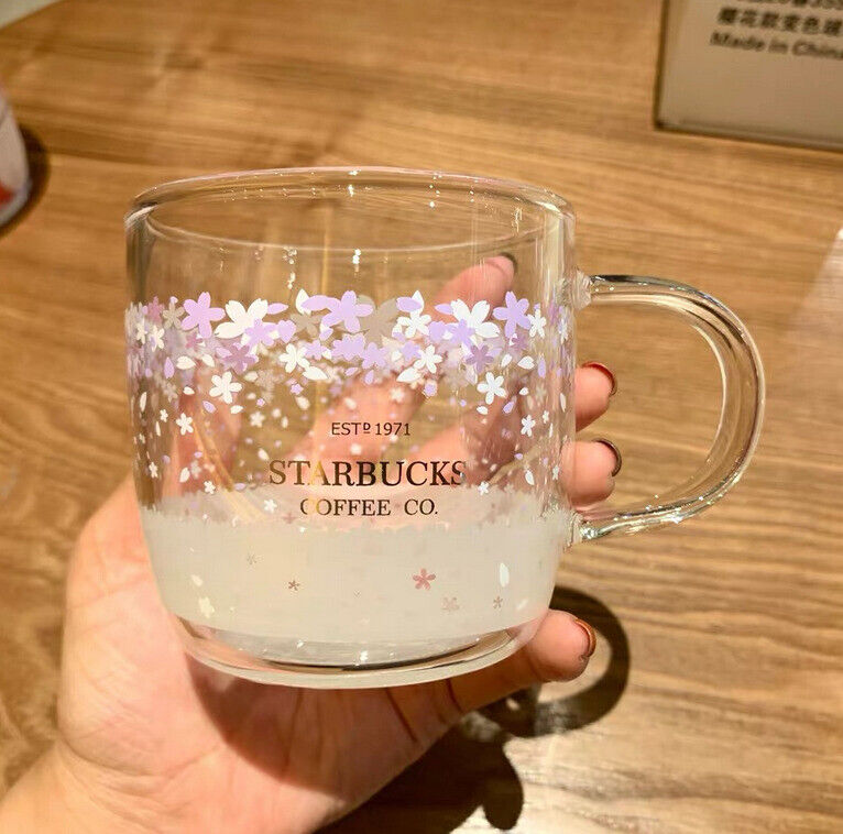 CHINA Starbucks Pink Sakura Color- Glass Coffee Mug Milk Cup+Rod 12oz