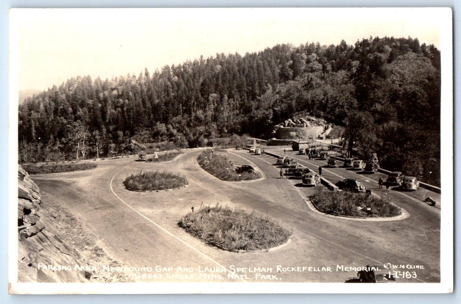 c1940\'s Parking Area Newfound Gap Rockefellar Memorial Cline RPPC Photo Postcard c1940\'s Parking Area Newfound Gap Rockefellar Memorial Cline RPPC Photo Postcard