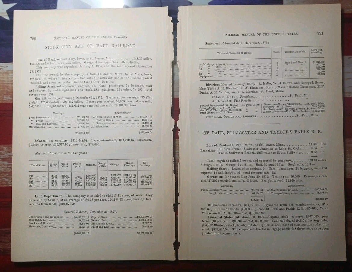 ~1878 Train Report SIOUX CITY & ST PAUL RAILROAD Iowa St James Minnesota 
