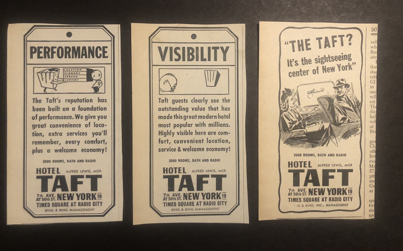1940’s Hotel Taft 7th Ave. New York Magazine Print Bundle X3 Ads 0C24