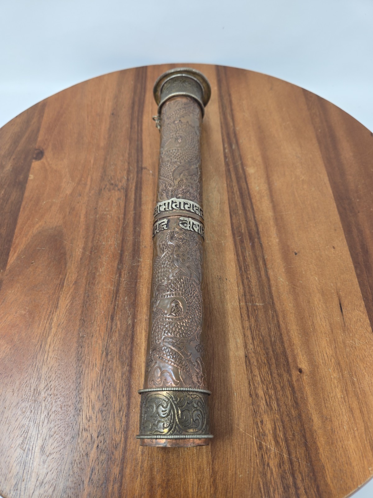 Vtg Tibetan Buddhist Copper Brass Scroll Case Prayer Tube Holder Double Dorje 