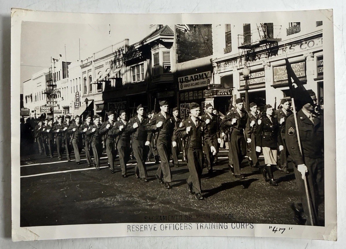 Vintage 1947 Sacramento High School ROTC Parade Photo California Street Scene