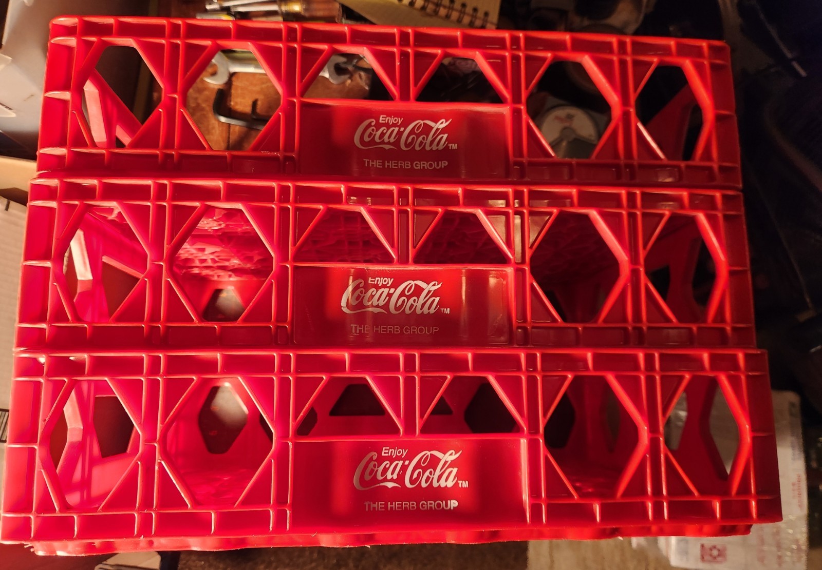 3 Vintage Red Plastic Coca-Cola Stackable Soda Crates Diet Coke
