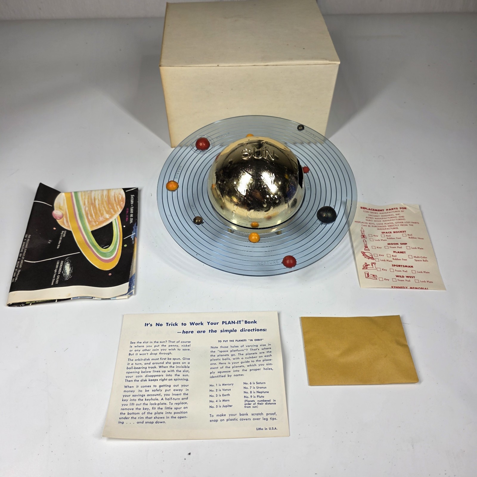 NEW OLD STOCK - 1962 Astro / Vacumet Spinaround Planet Space Coin Bank MCM  