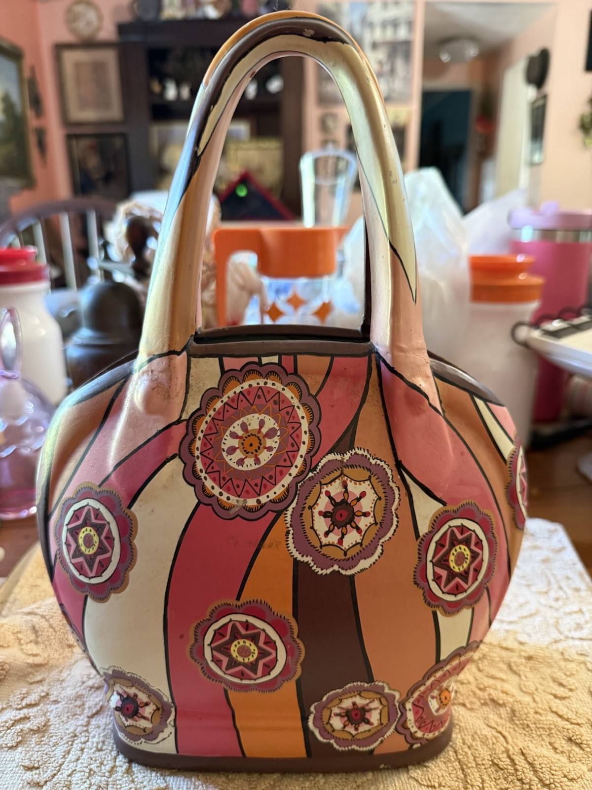 VTG Trompe L'oeil Ceramic Purse Bold Retro Floral Swirl Pattern MCM Sculpture