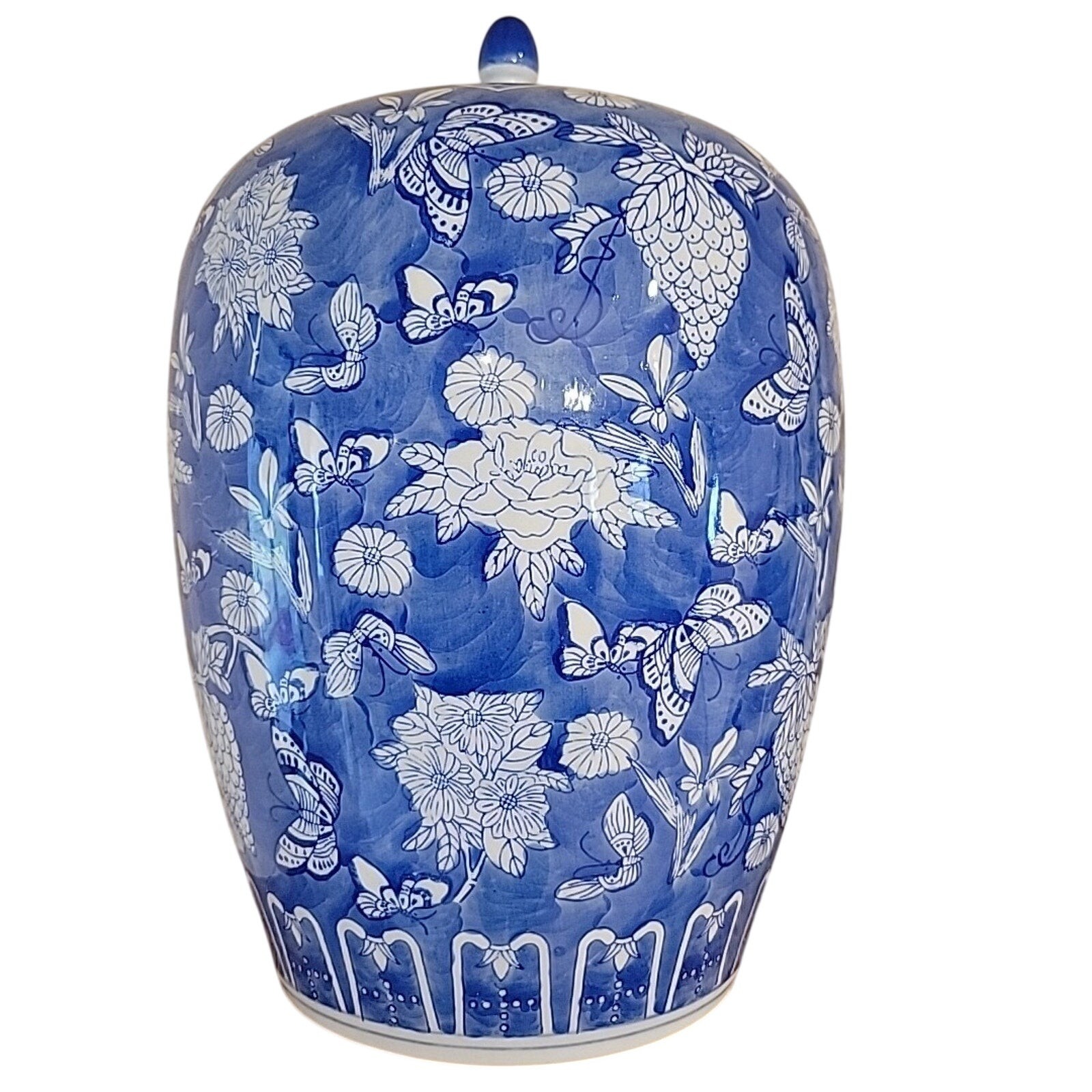Vintage Chinese Chinoiserie Porcelain Melon Ginger Jar Blue & White Lidded 14x9” Vintage Chinese Chinoiserie Porcelain Melon Ginger Jar Blue & White Lidded 14x9”