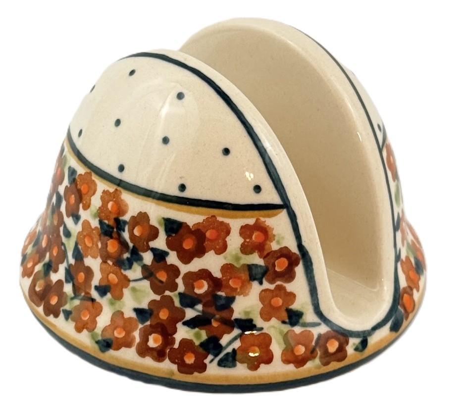 Unikat Polish Pottery Napkin Holder Orange Wreath Zaklady Russett Floral 3\