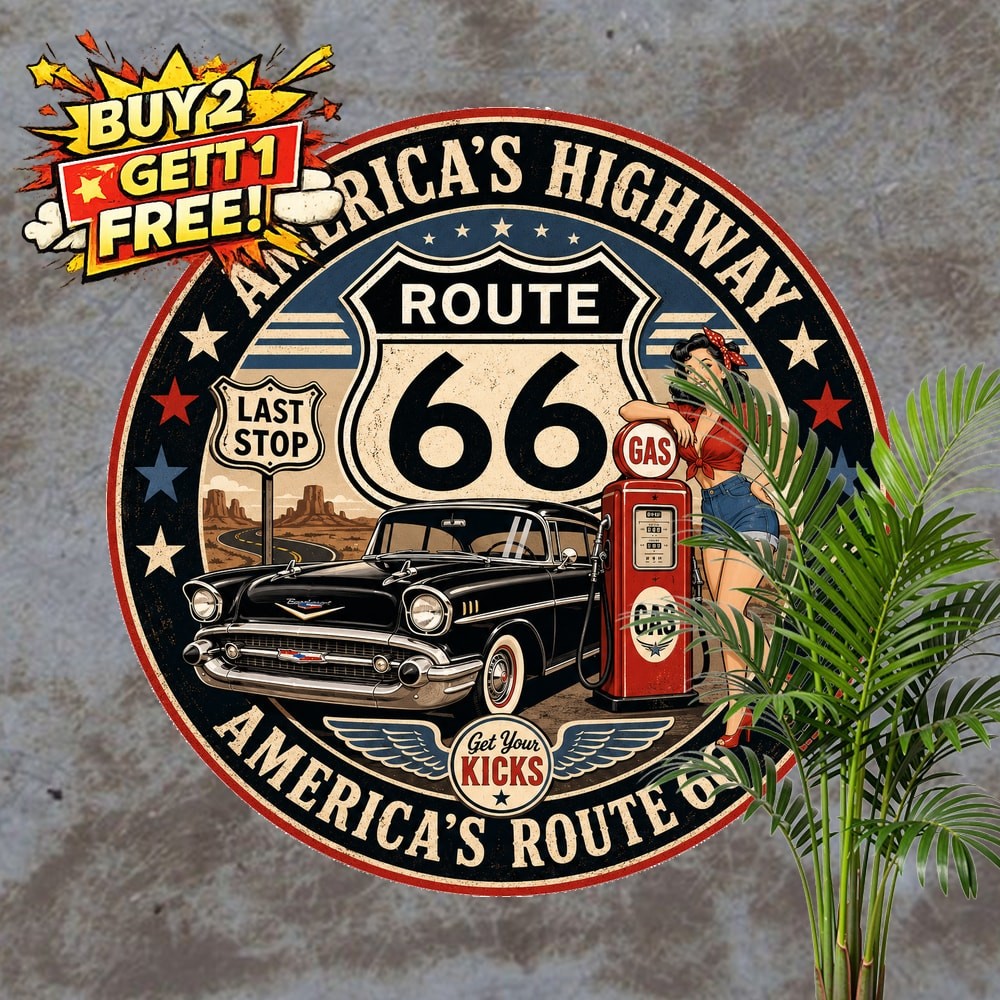 Historic American Highway Round Metal Sign Retro Travel Wall Decor Plaque 8x8