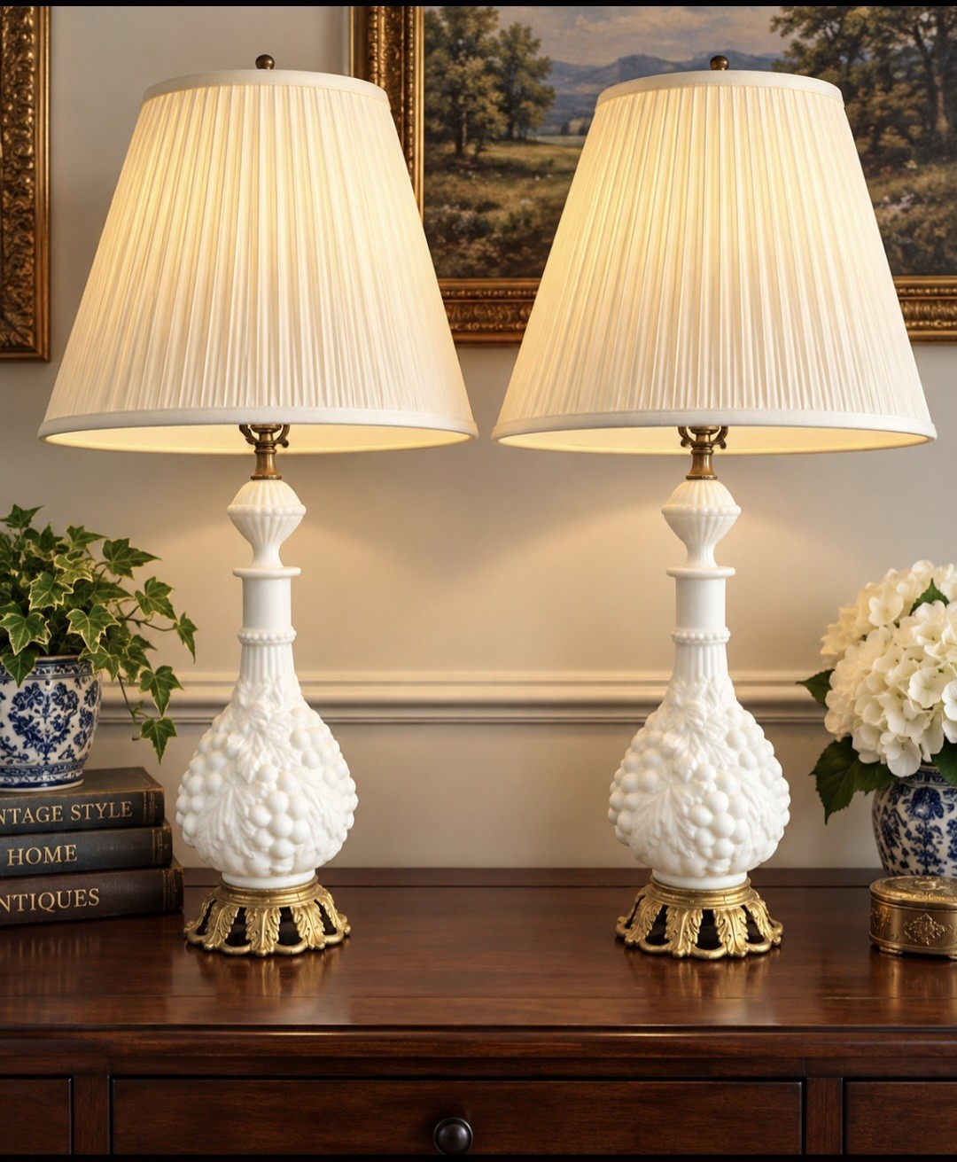 Vintage60s Milk Glass Grape Decanter Table Lamps Pair Brass Bases Pleaded Shades Vintage60s Milk Glass Grape Decanter Table Lamps Pair Brass Bases Pleaded Shades