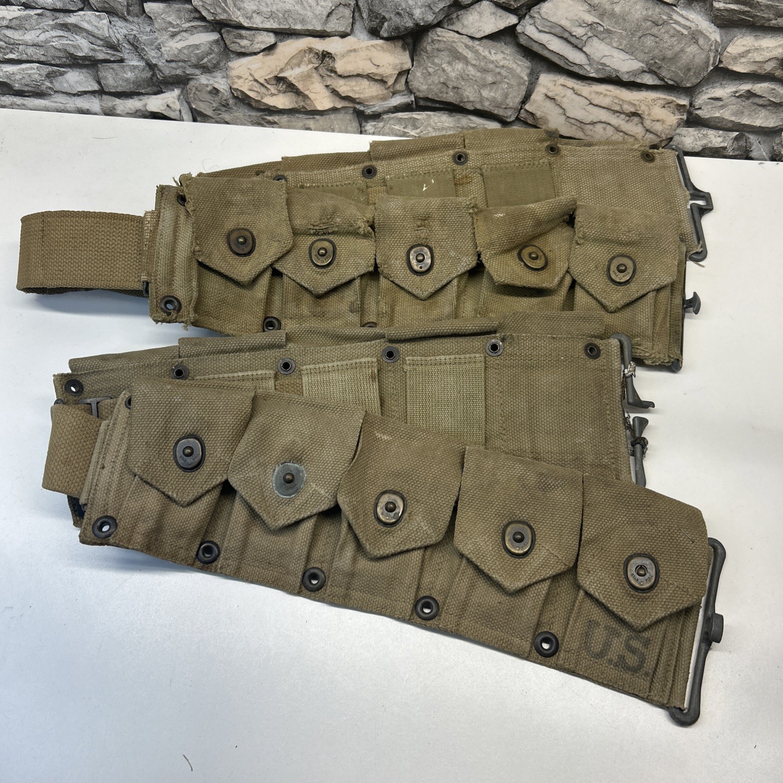 2 WWII US M1923 Cartridge Ammo Belt Hinson 1942 10 Pocket 1  Bad Buckle See Pics
