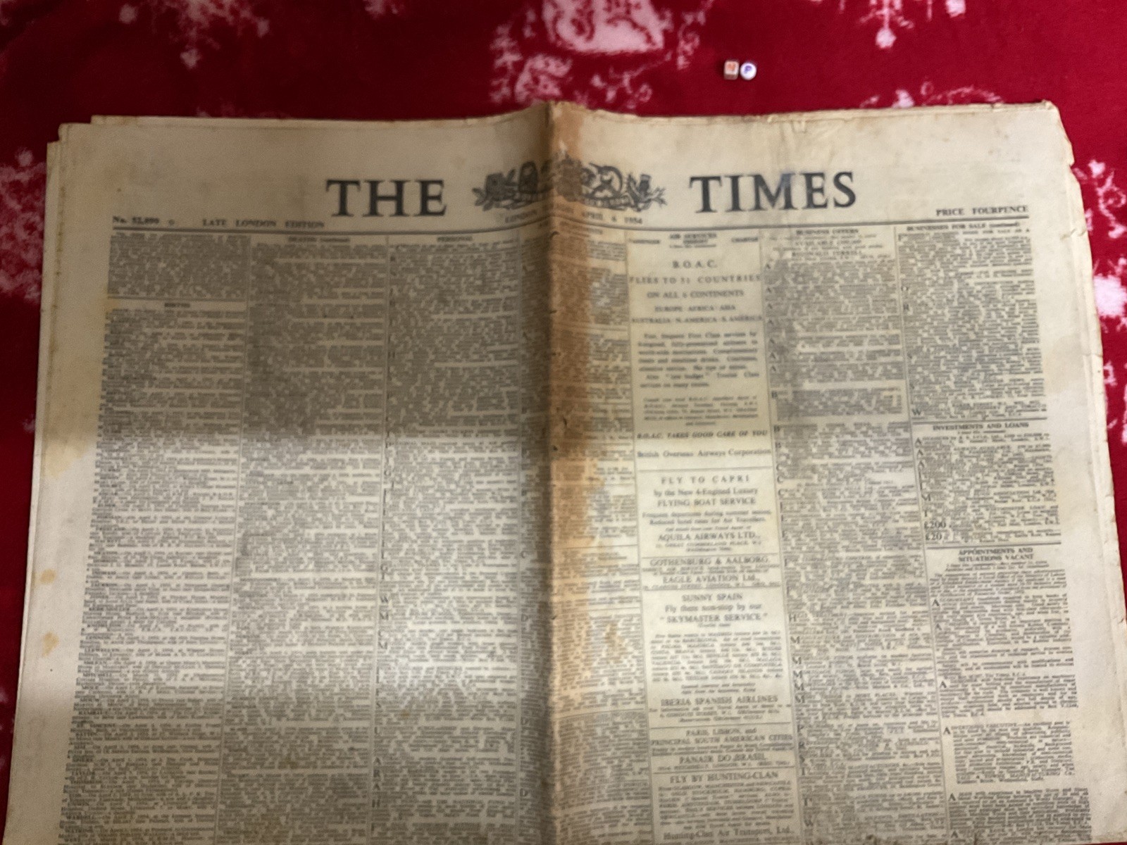 Interesting historic newspaper , RARE , NEWS , THE TIMES , APRIL 1954 Interesting historic newspaper , RARE , NEWS , THE TIMES , APRIL 1954