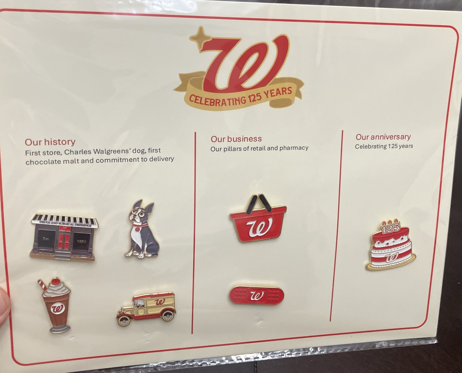 7 of 8 Pins Walgreens 125 Year Pin Set carded No 'W' pin ships free