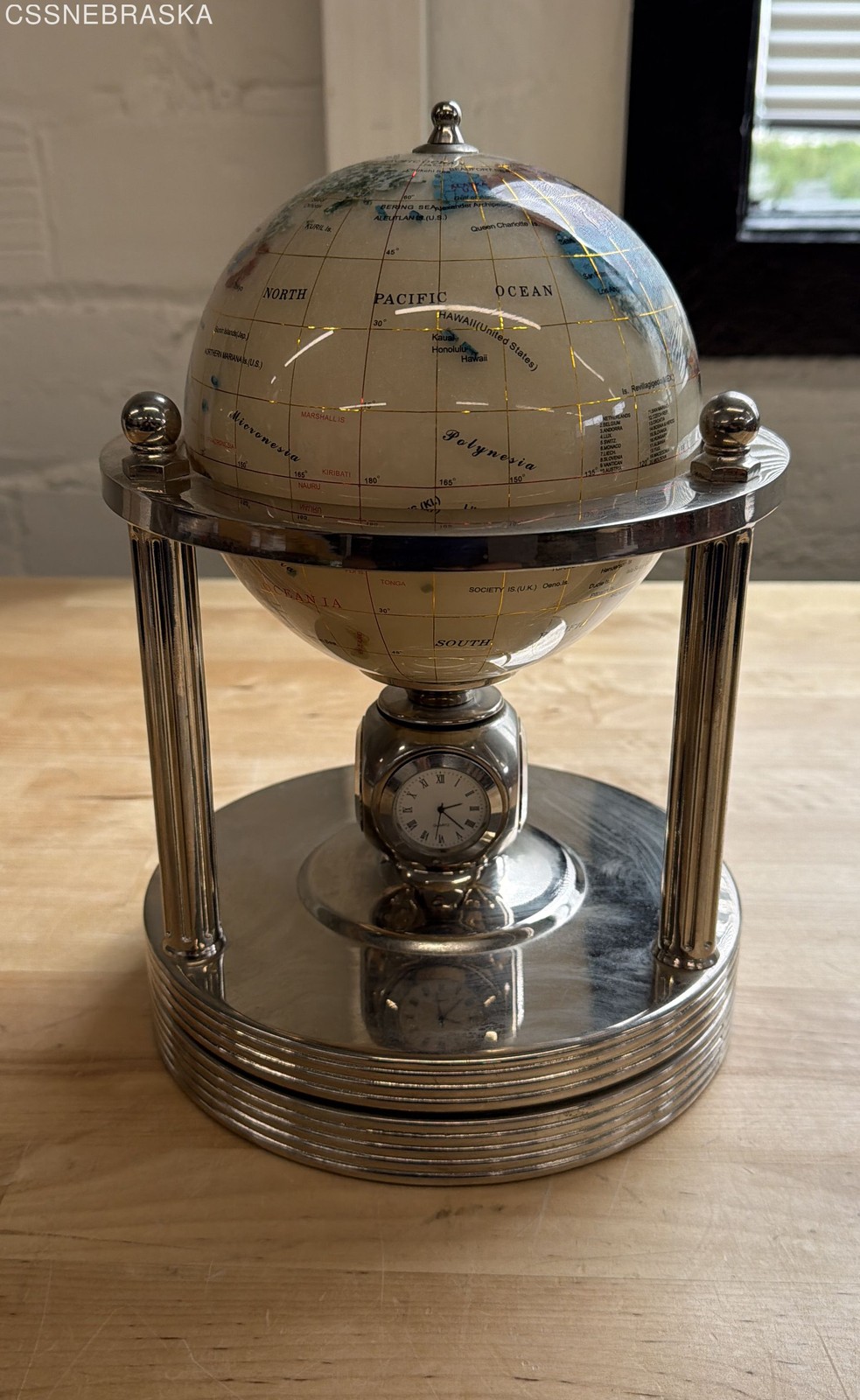 Vintage Kalifano Gemstone Globe Clock Desk Weather Station Mother ofPearl Silver