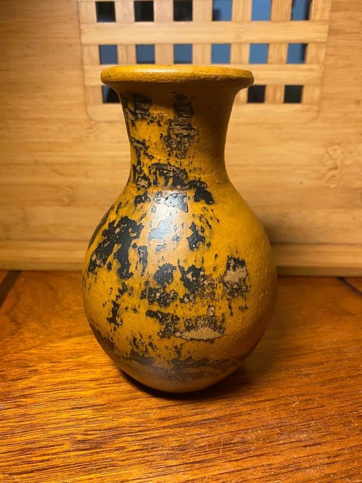 Vintage Mexican Folk Art Pottery Vase Aged Mustard Raku Glaze 5.5\