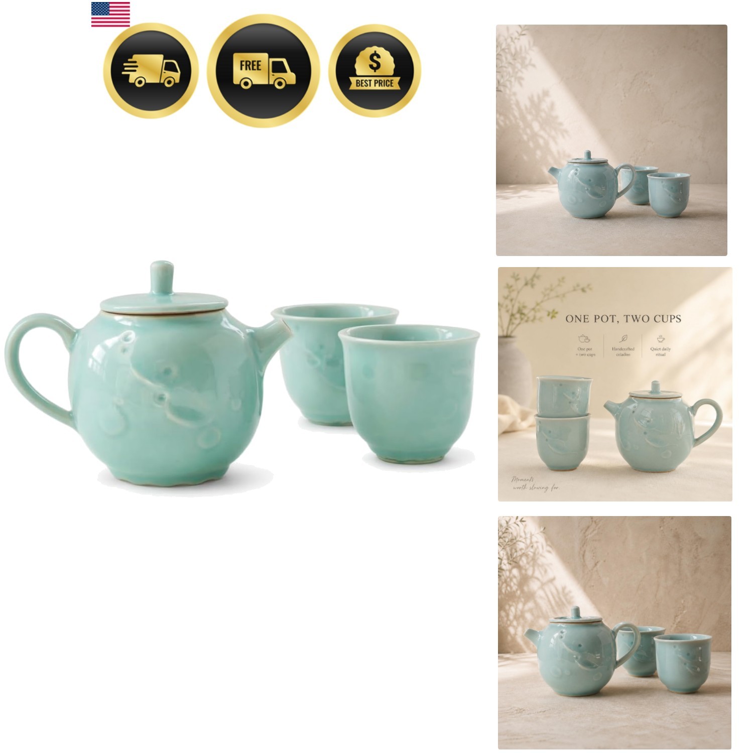 Ceramic Tea Set with Teapot and 2 Cups, Mint Green, Traditional Style Ceramic Tea Set with Teapot and 2 Cups, Mint Green, Traditional Style
