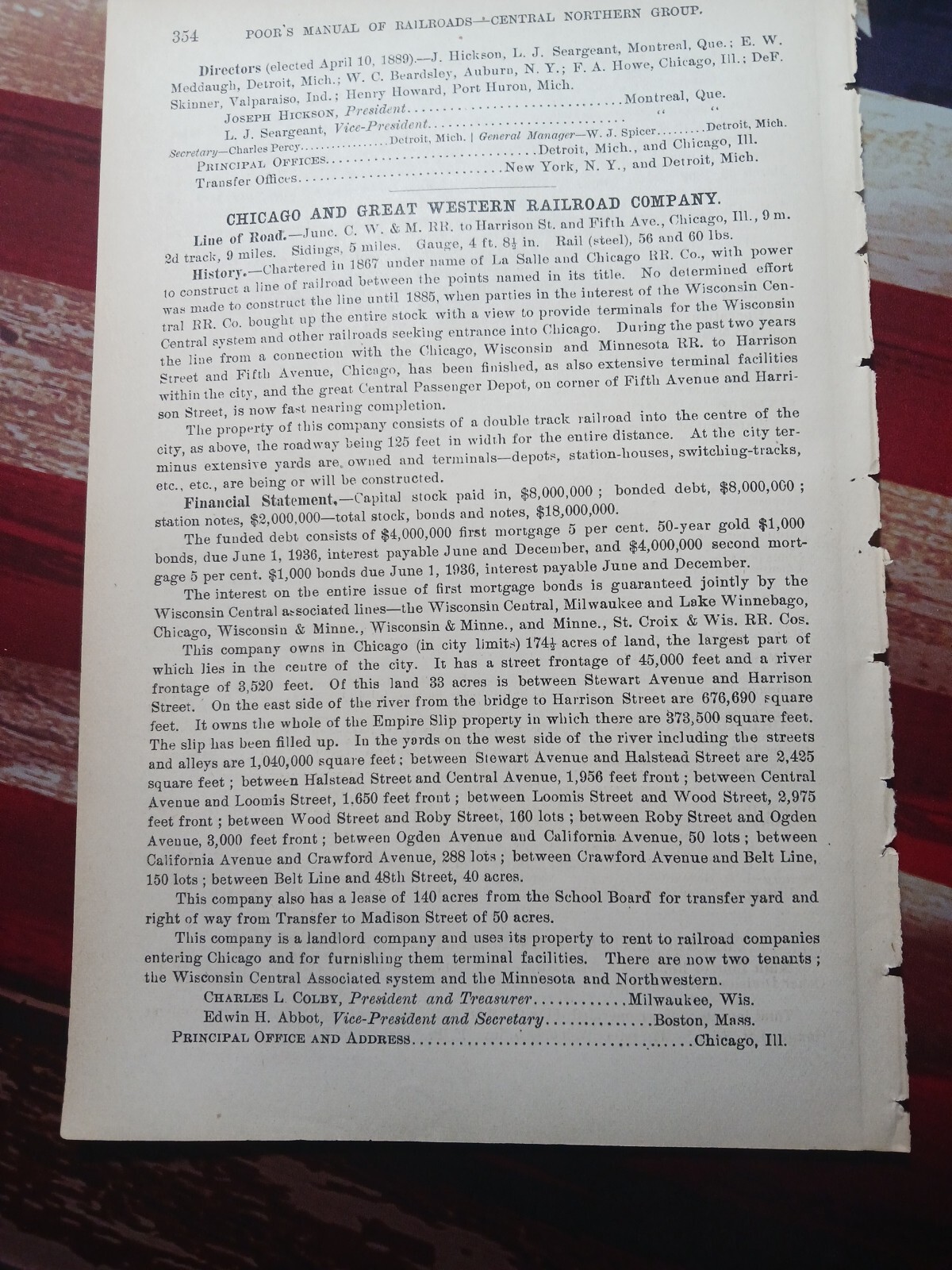 1889 Train Report CHICAGO & GREAT WESTERN RAILROAD Harrison St Fifth Ave Depot