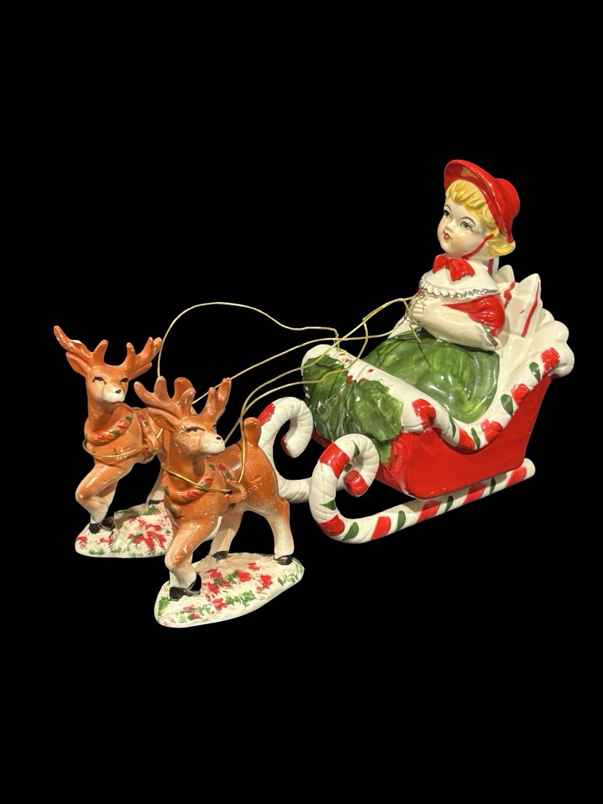 Vtg Lipper Mann Girl Candy Cane Sled Reindeer Ceramic Set Japan READ REPAIRED