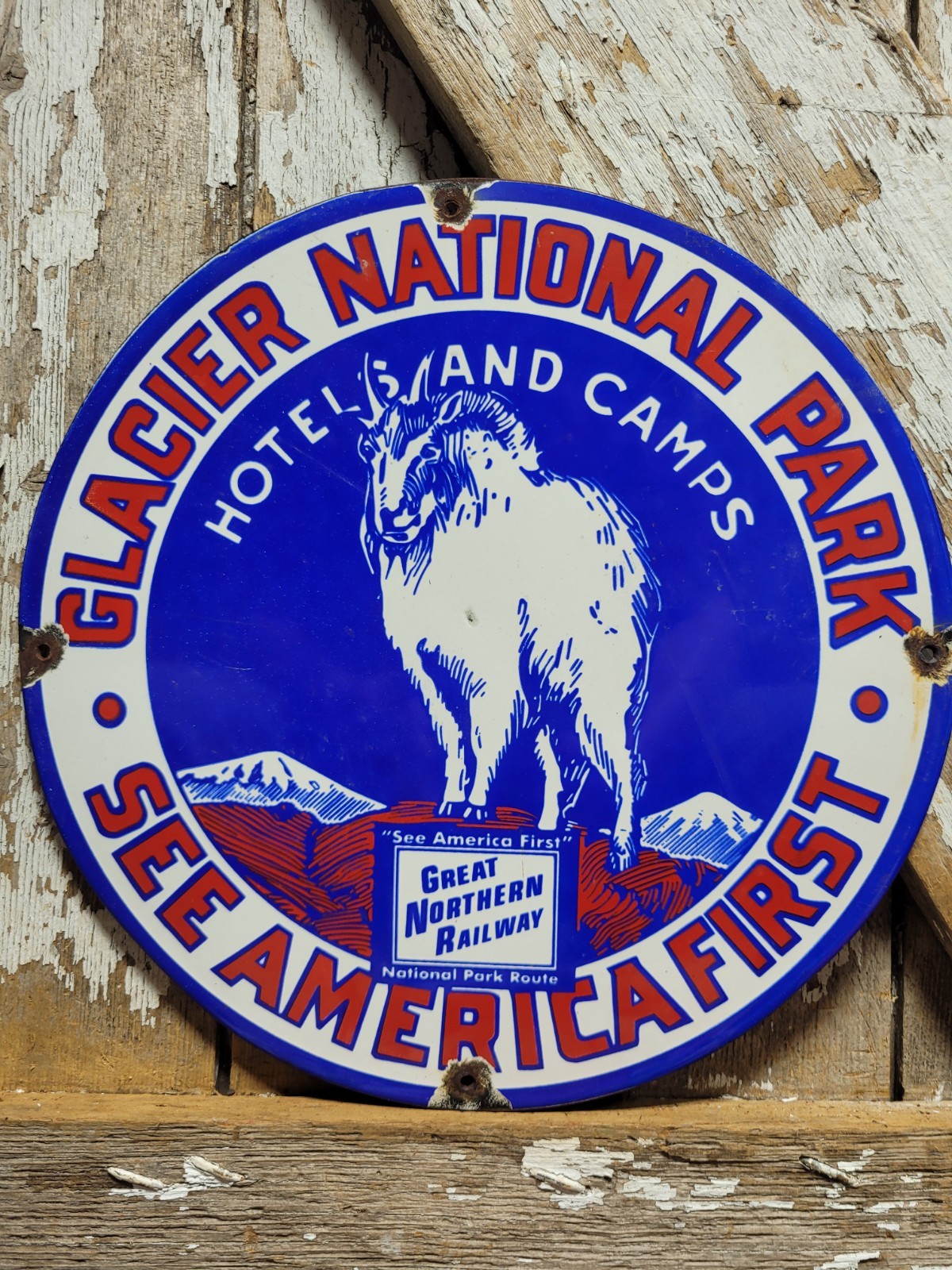 VINTAGE GLACIER NATIONAL PARK PORCELAIN SIGN OLD GREAT NORTHERN RAILWAY TRAIN 12