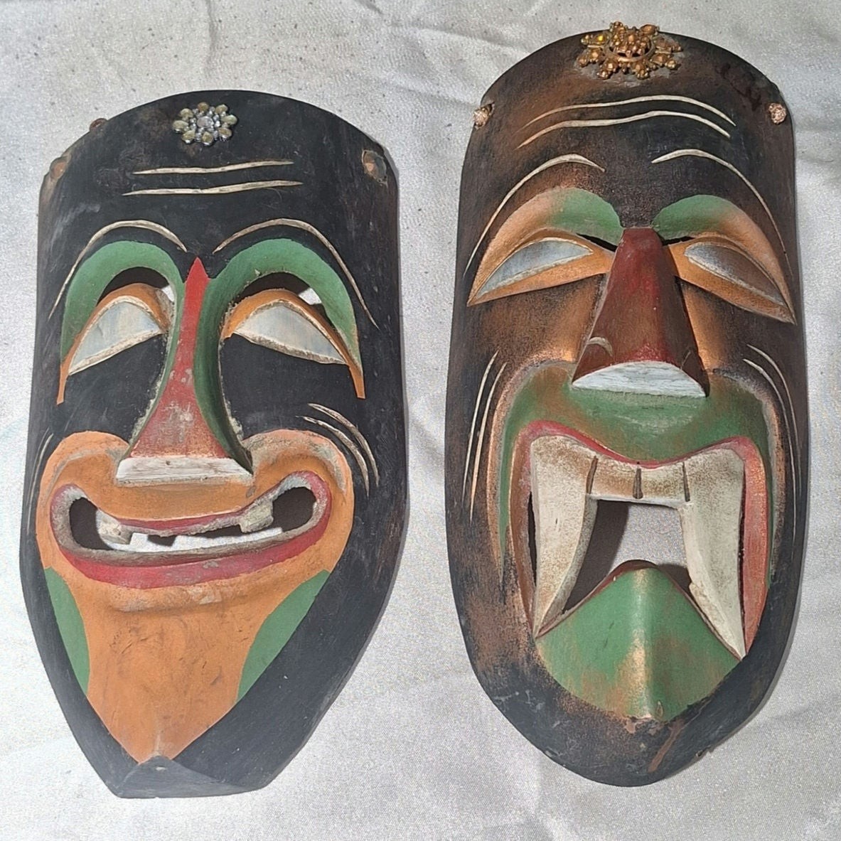 Vintage Mexican Folk Art Jeweled Carved Wood Wall Masks Pair Mid Century