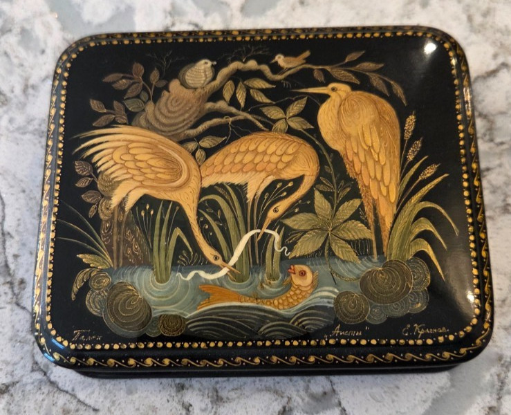 Vintage Russian Lacquer Laquer Box Herons Birds Signed By Artist Hand Painted Vintage Russian Lacquer Laquer Box Herons Birds Signed By Artist Hand Painted