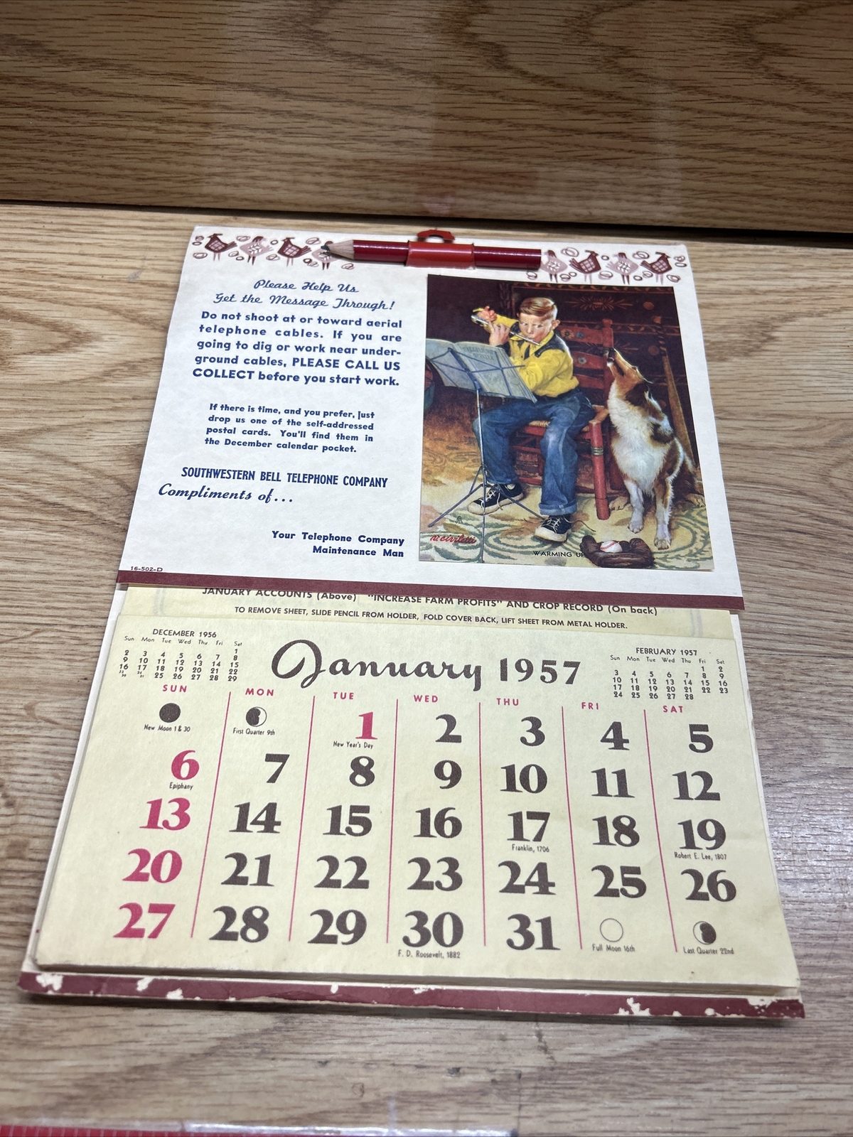 Original 1957 Calendar by Southwestern Bell Telephone Company Unused With Pencil