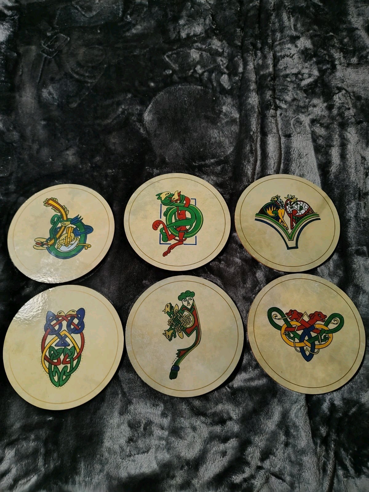 Vintage Connemara Bodhrans Set of 6 Round Celtic Trivets. Rare
