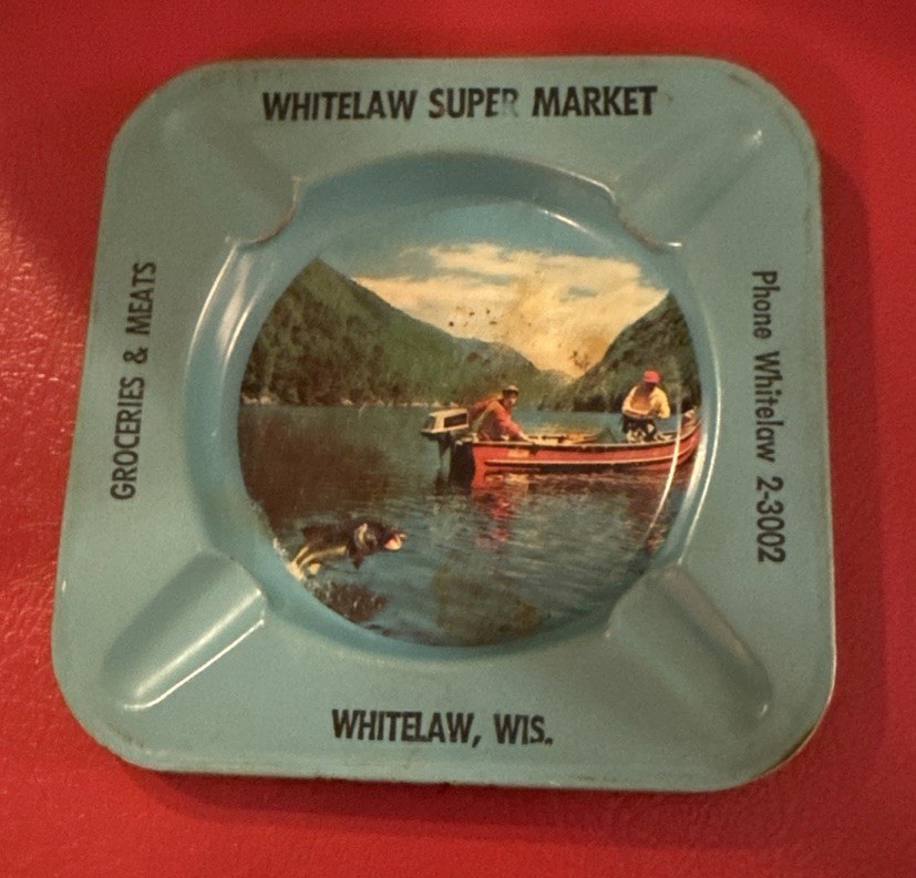 VTG 50’S METAL ASHTRAY WHITELAW WIS. SUPER MARKET ADVERTISING RARE PHOTO LITHO