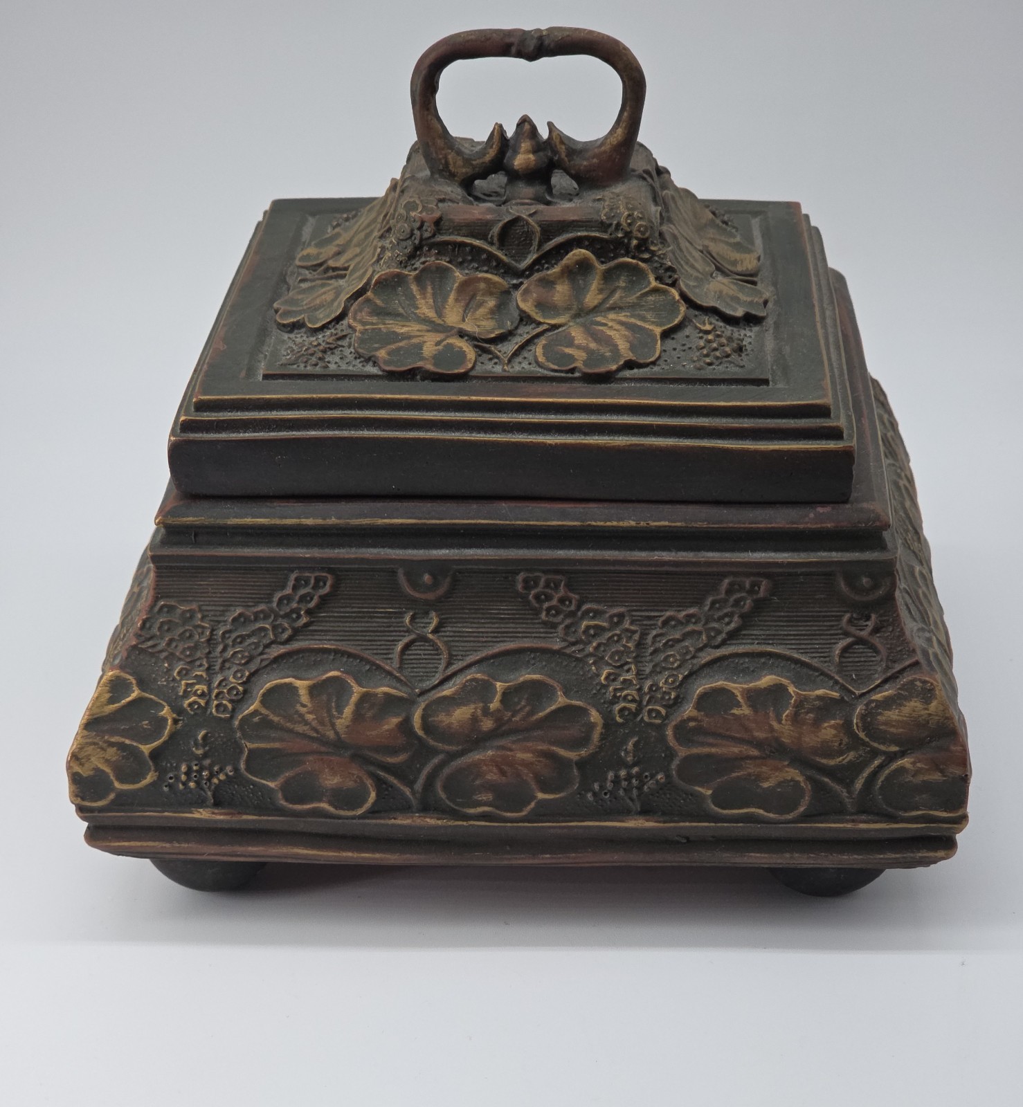 Antique Style Carved Wooden Box Red Velvet Lined Grape Leaves Handle Feet