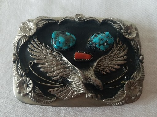 VINTAGE AMERICAN EAGLE BELT BUCKLE SSI TURQUOISE CORAL SILVERTONED VINTAGE AMERICAN EAGLE BELT BUCKLE SSI TURQUOISE CORAL SILVERTONED