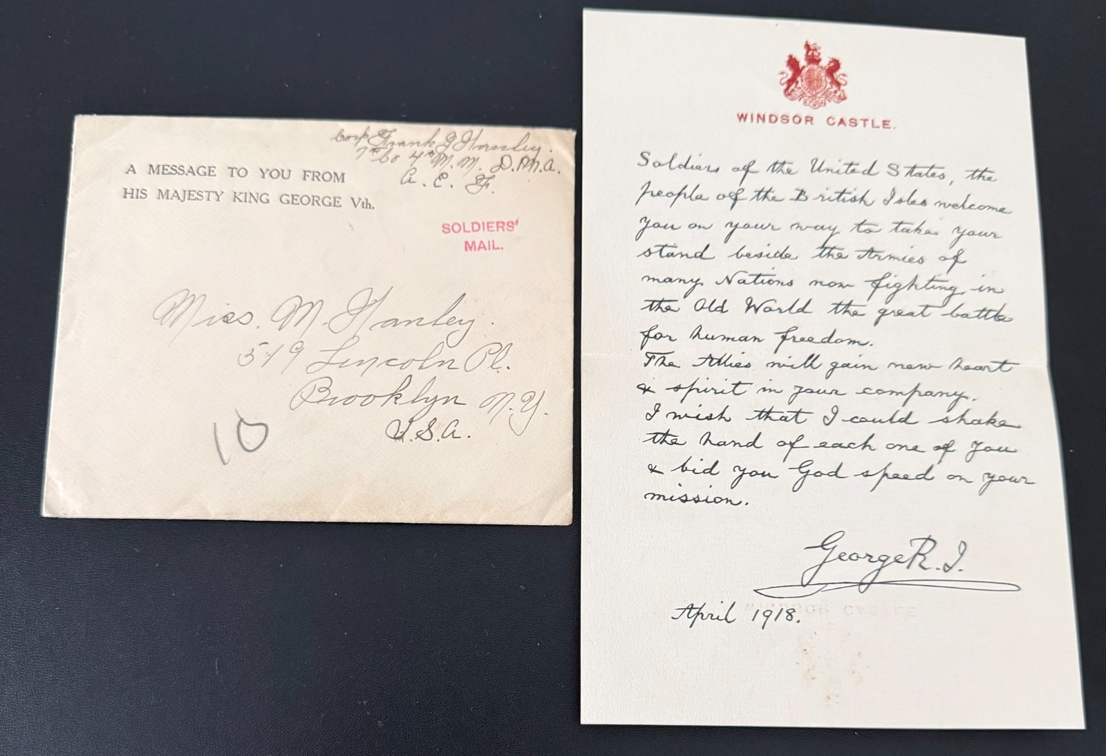 Original WWI 1918 King George V Windsor Letter & AEF Soldier Mail Envelope