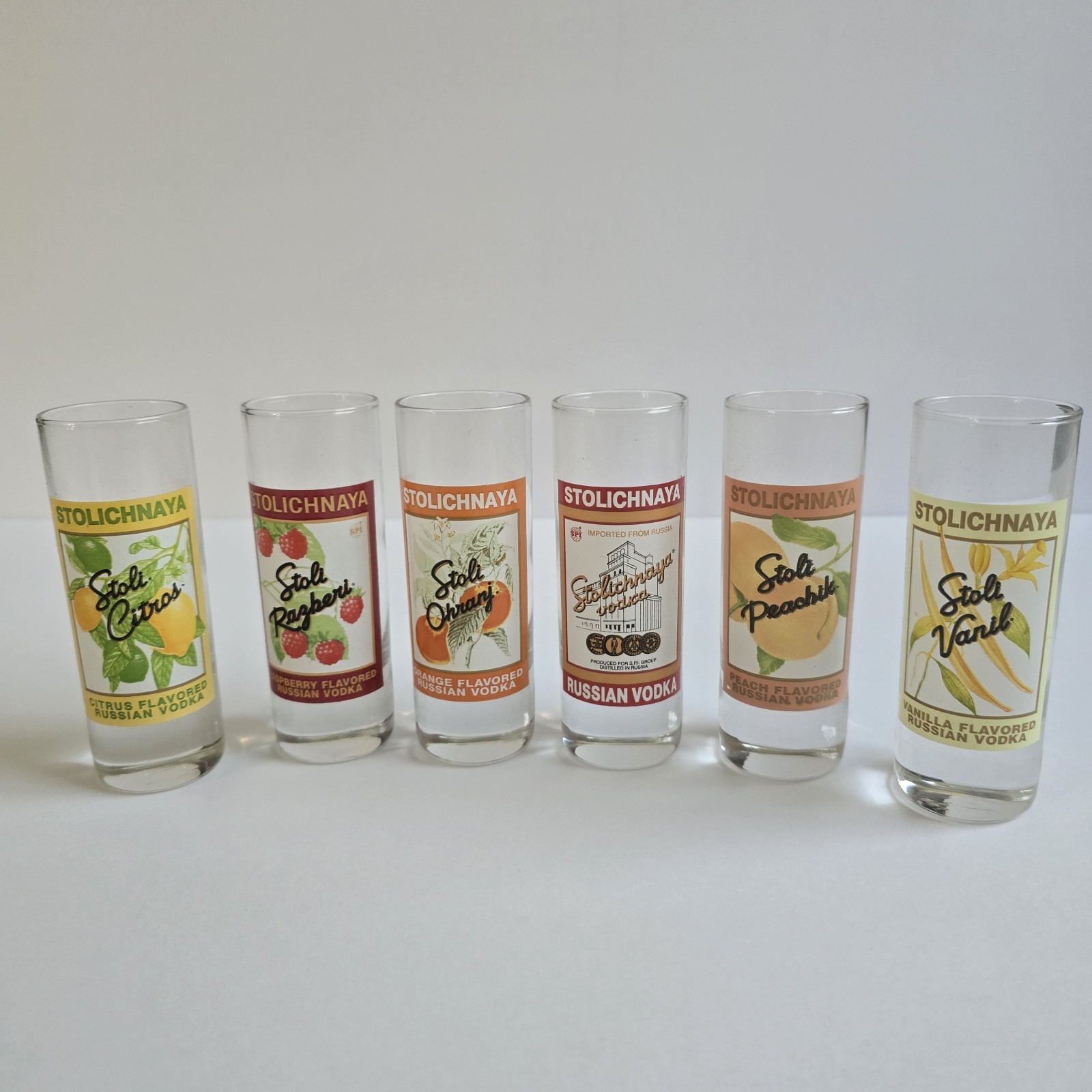 Vintage Stolichnaya Stoli Vodka Luminarc Set of 6 Shot Glasses 2 oz (Full Set)
