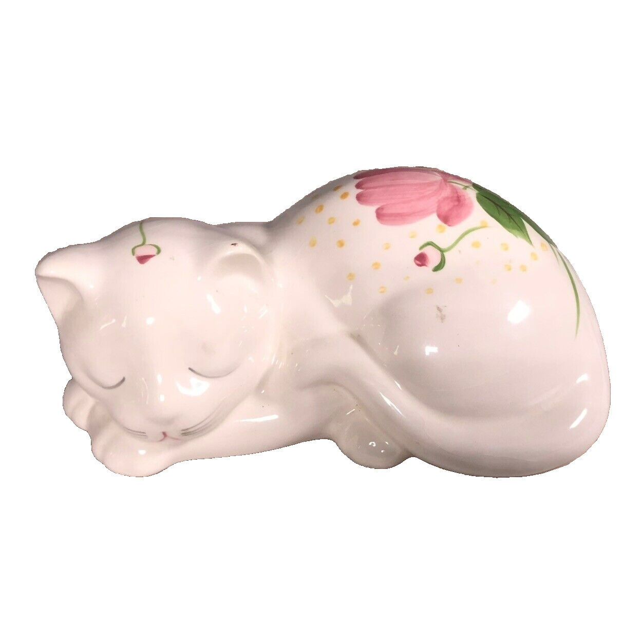 Vintage Sleeping Kitty Cat Figurine Hand Painted Floral Pink Yellow