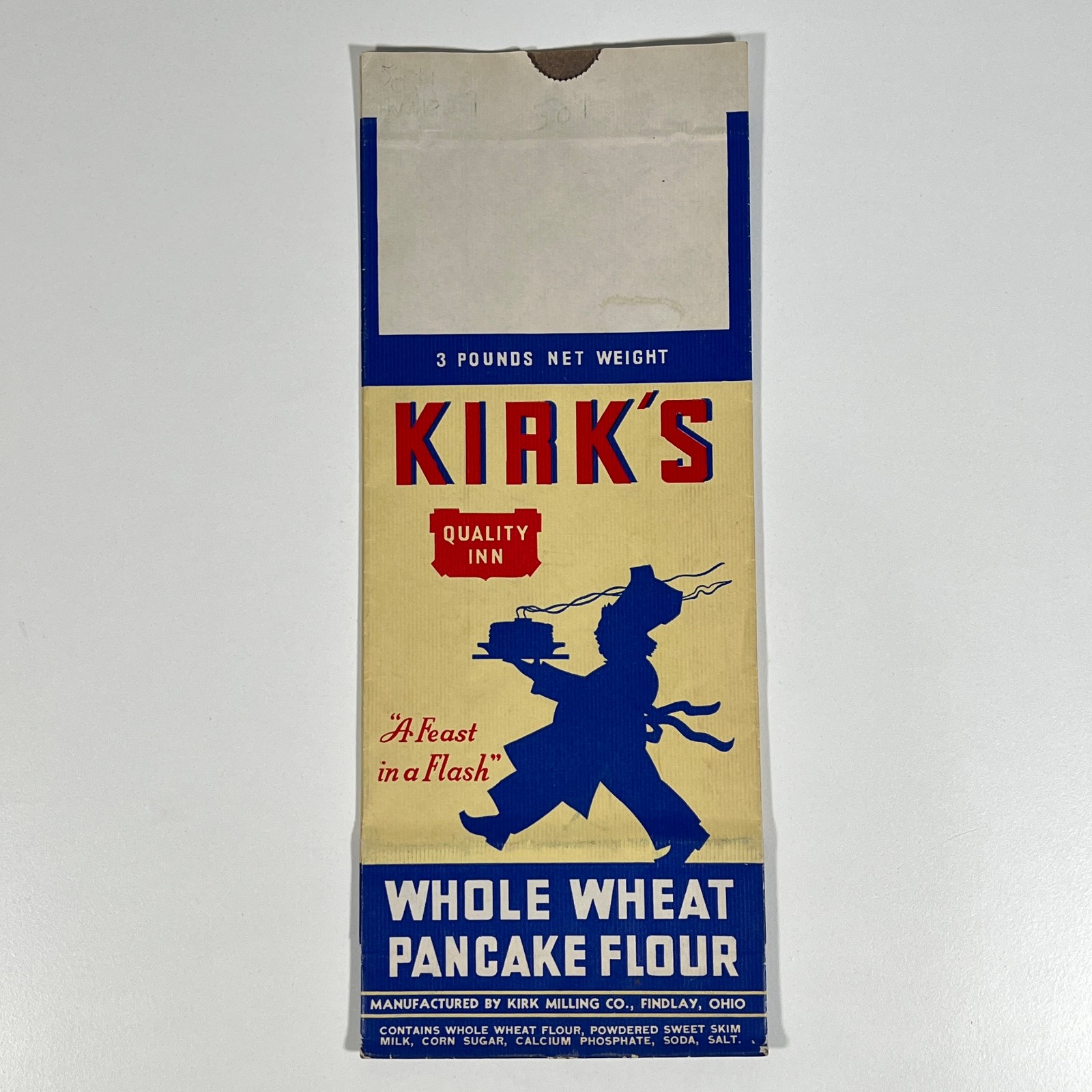 Vintage 1940s Kirk's Whole Wheat Pancake Flour Bag Kirk Milling Findlay Ohio