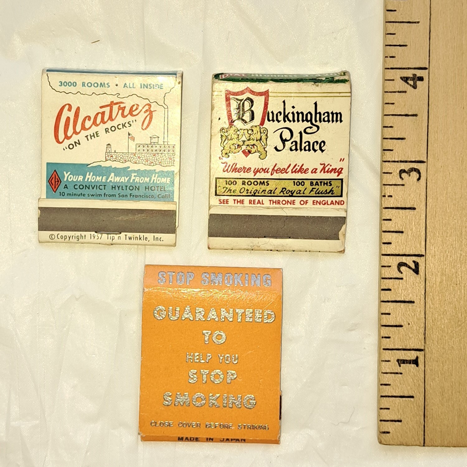 Vintage 1957 Tip’n Twinkle Unused Humor Matchbooks Matches Alcatraz & Buckingham