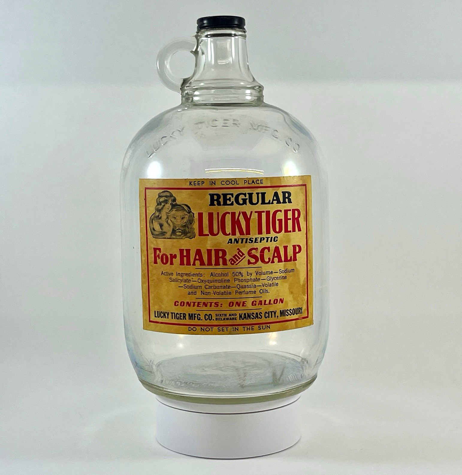 RARE Vintage/Antique Lucky Tiger Mfg.Co. One-Gallon Glass Hair & Scalp Tonic Jug