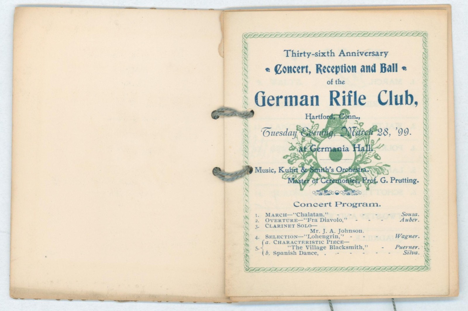 1899 German Rifle Club Hartford CT Germania Hall Concert Reception Ball Program 1899 German Rifle Club Hartford CT Germania Hall Concert Reception Ball Program