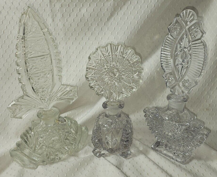 Vintage Paulux & other Glass Crystal Perfume Bottles w Stoppers lot of 3